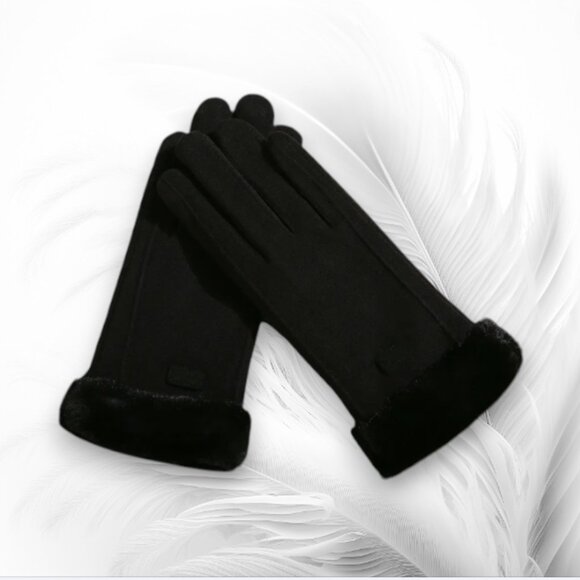 New Elegant Black Winter Gloves with Faux Fur Cuffs - Picture 1 of 5